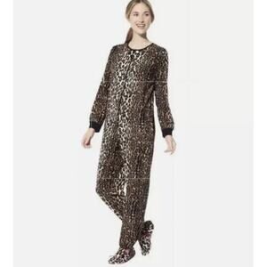 Nick & Nora Leopard Print Zip Front Footed Pajamas XL Cat Face Feet Sleepwear